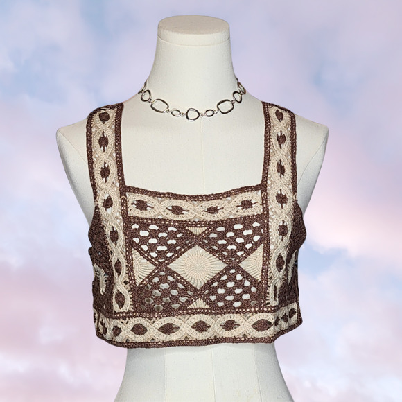 Sugar Tops - Sugar Brown Cream Crochet Boho Hippie Fairy Whimsi Geometric Knit Crop Tank Top